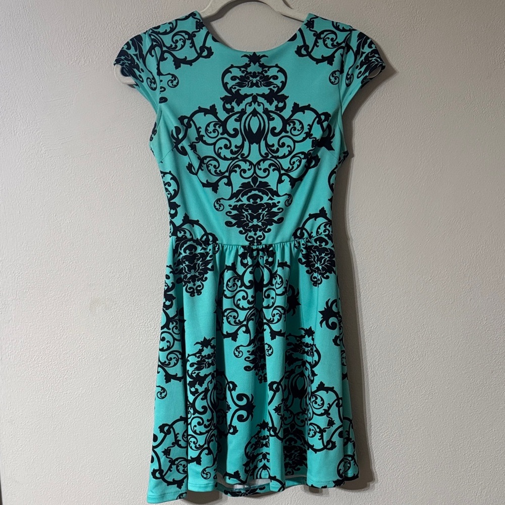 B Darlin Aqua and Black Patterned Mini Dress